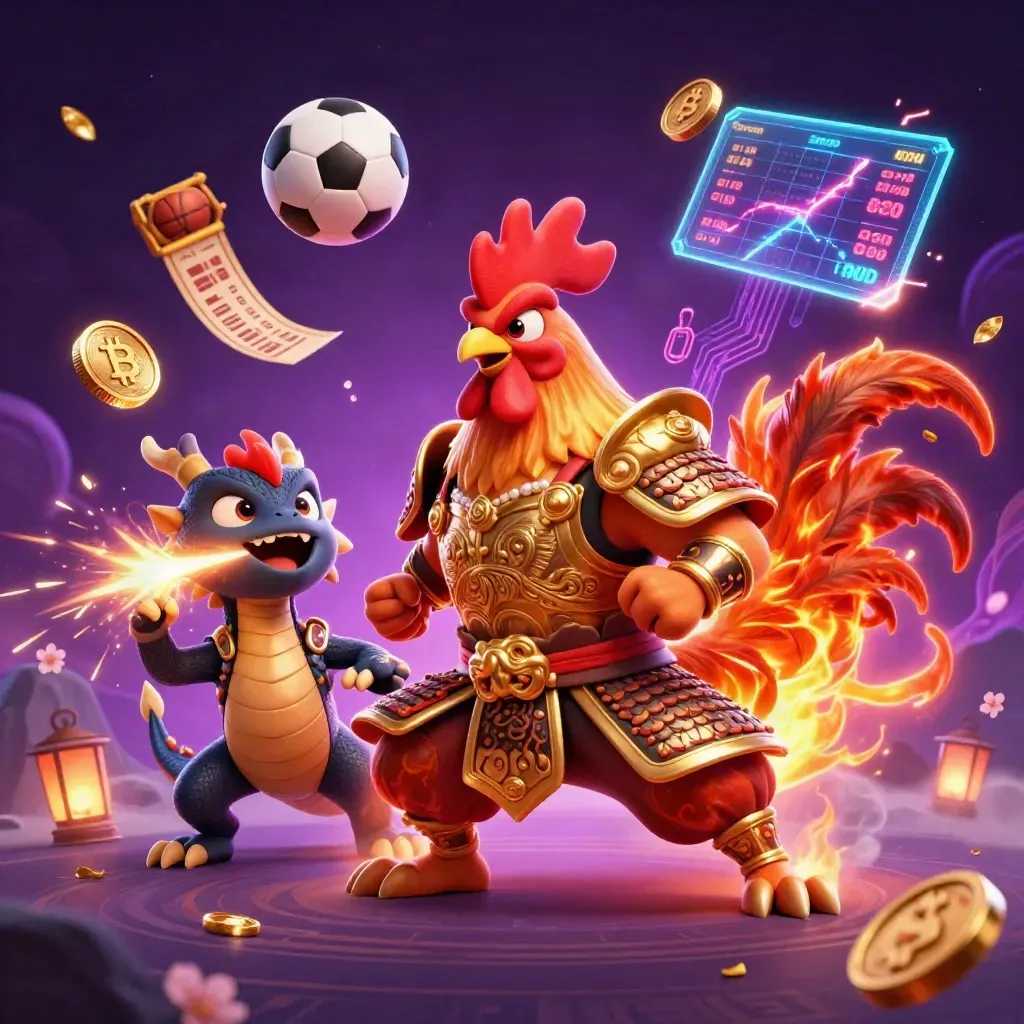 Rooster warrior, dragon hatchling, and fortune cat amid soccer, basketball, and crypto sparks.