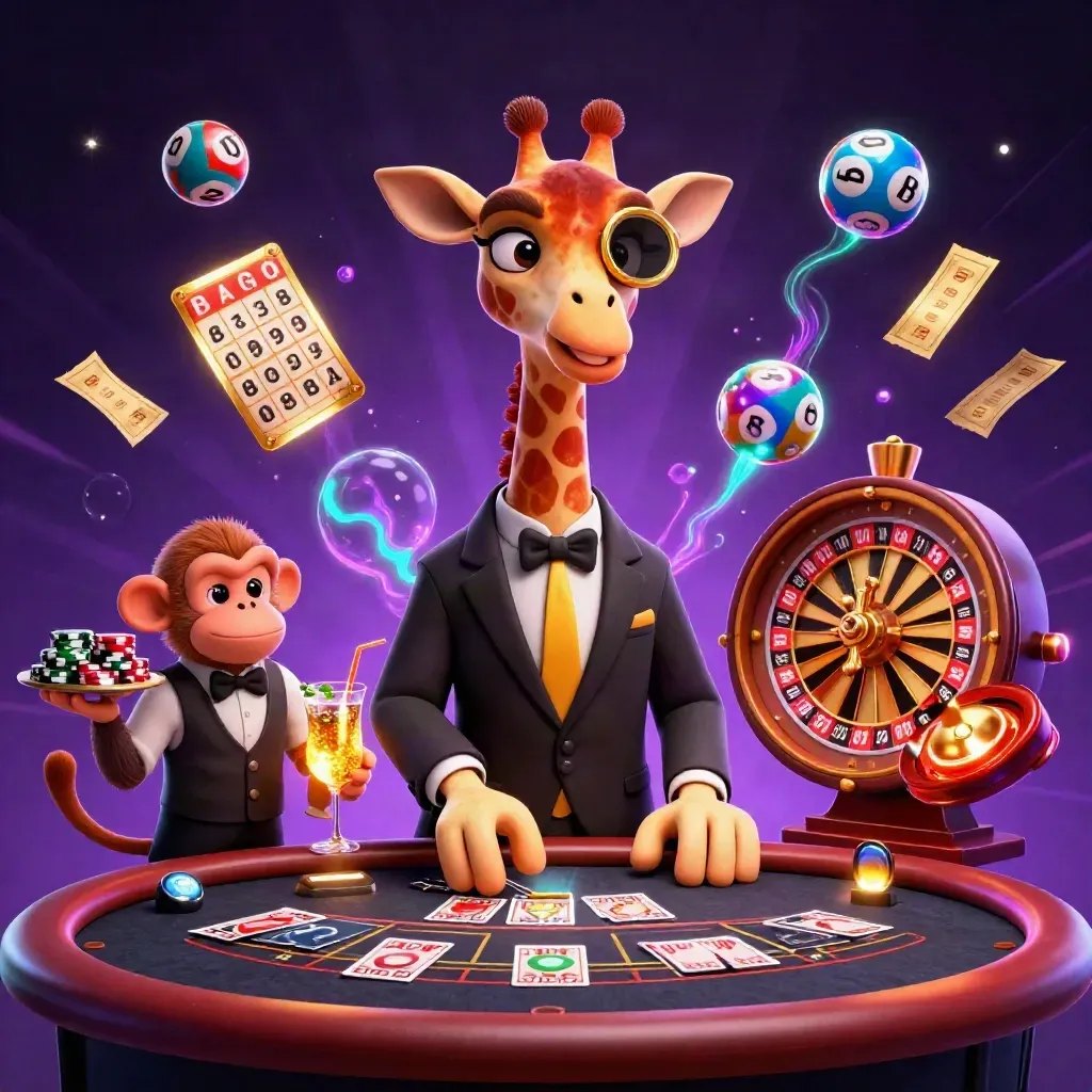 Giraffe, monkey, and chameleon casino heroes amid roulette, tickets, and glowing neon effects.