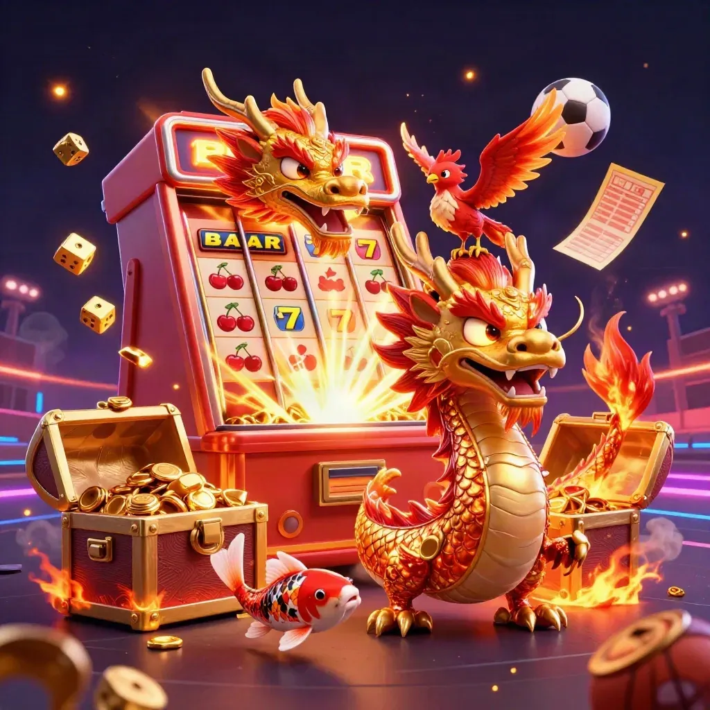 Golden dragon and phoenix exploding with casino symbols, balls, and neon fire.