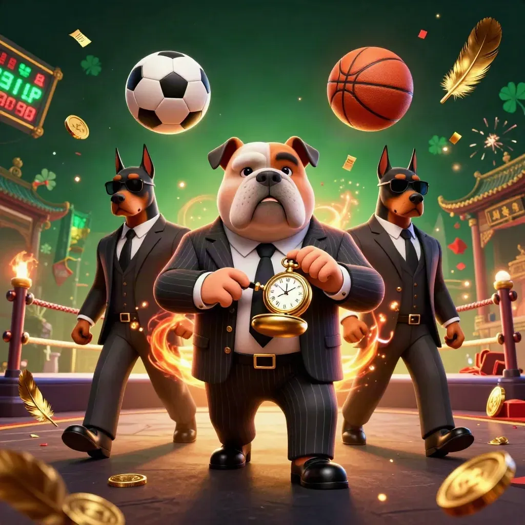 Cartoon mafia-boss bulldog and Dobermans amid fiery casino sports chaos, balls, coins, sparks, gold light