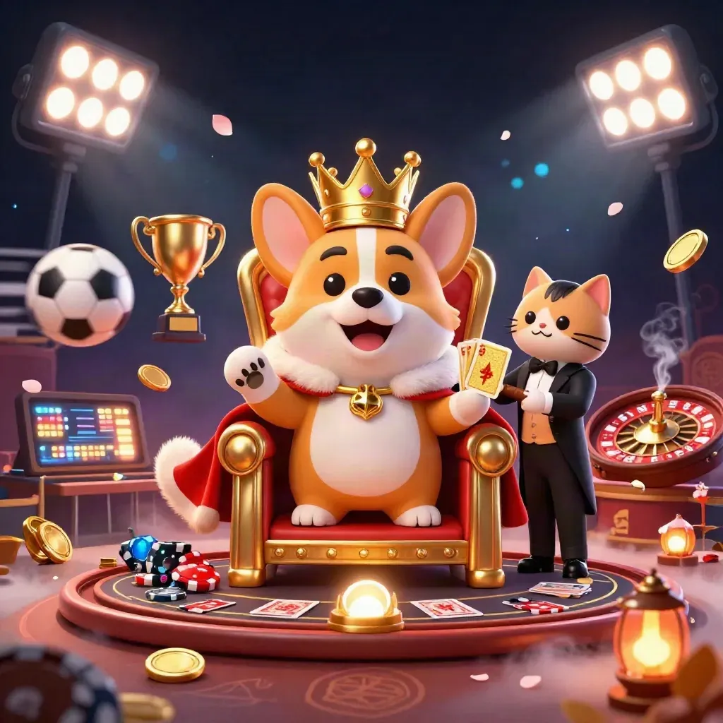 Royal corgi and cat butler in a fiery casino with sports balls, gold, smoke, and neon beams.