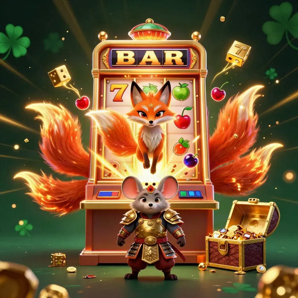 Nine-tailed fox spirit and armored mouse amid exploding slot machine, gold, gems, and ember light.