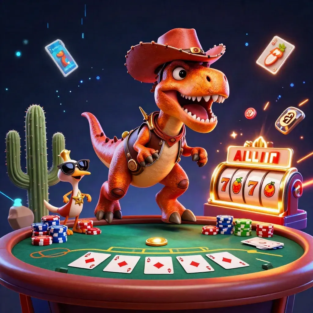 Cowboy T-Rex, cactus sidekick, and sheriff roadrunner amid poker chips and neon casino chaos.