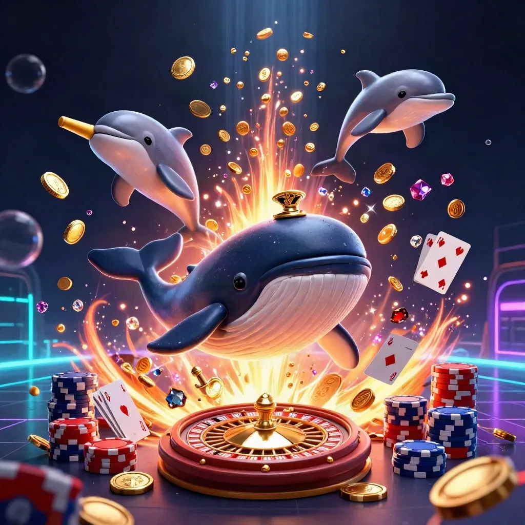 Whale captain, narwhal, and dolphins burst through coins with chips, cards, and roulette in neon casino glow