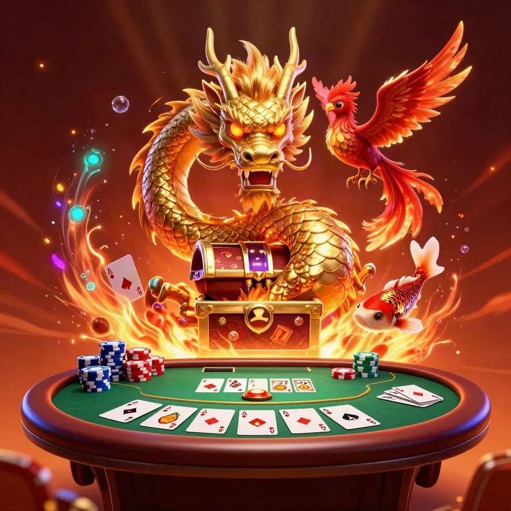 Golden dragon with phoenix and koi amid casino chips, cards, reels, and fiery neon glow